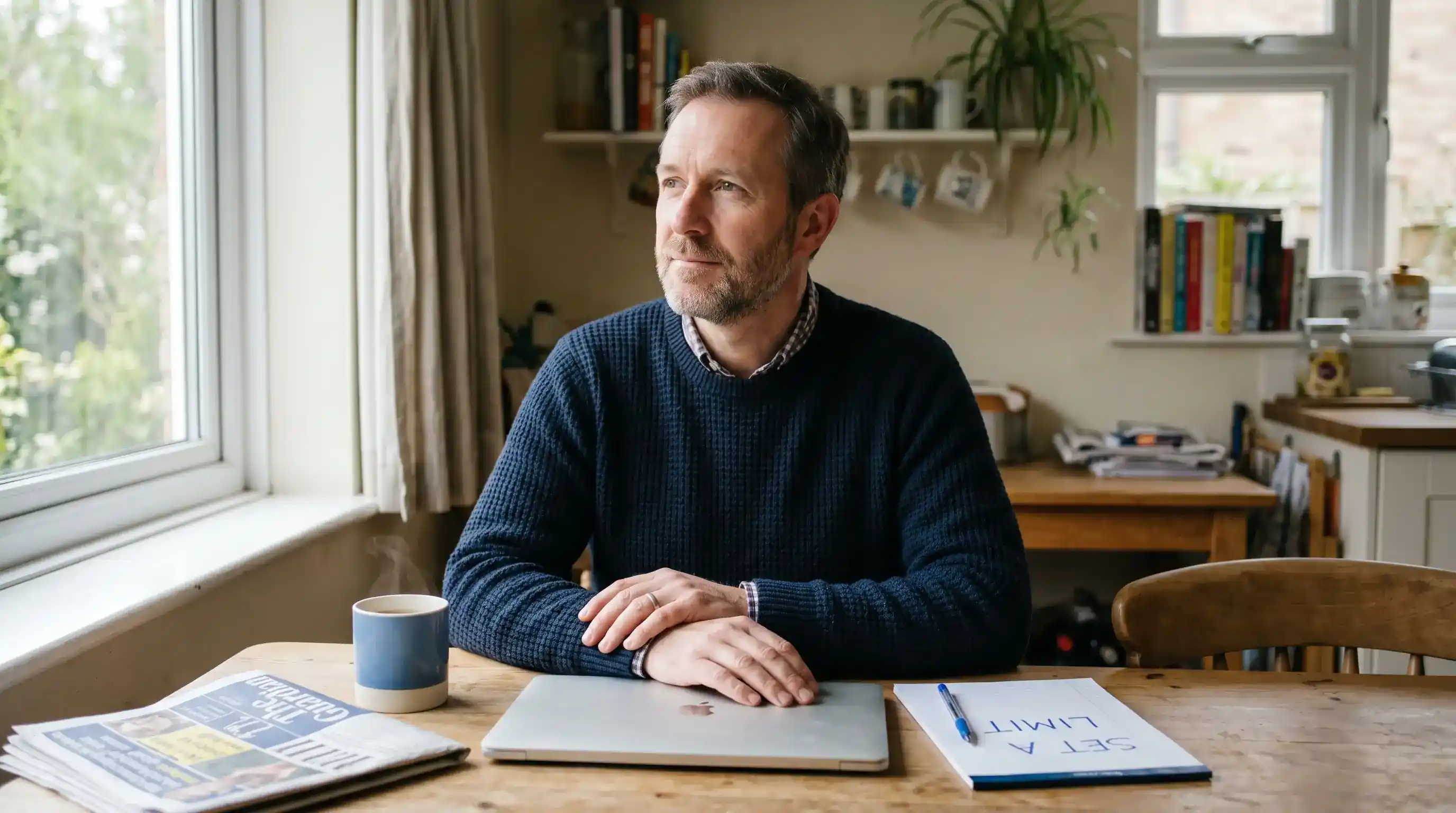 UK bettor pausing at a laptop to set a deposit limit